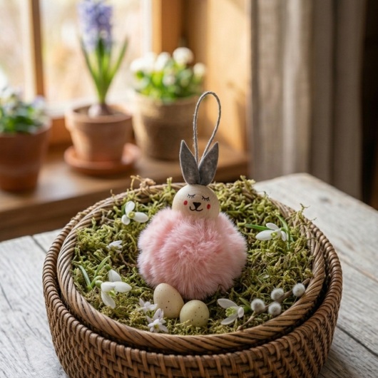 Osterdeko Pompon-Häschen Handgemachte Osterhäschen aus weichem, flauschigem Material in fröhlichen Farben wie Rosa, Gelb, Hellblau, Weiß und Dunkelgrün. Jedes Häschen hat lange graue Filzohren, handbemalte Augen, Nase und rosige Wangen sowie eine graue Aufhängeschlaufe. Die niedlichen Anhänger verbreiten frühlingshafte Osterstimmung an Zweigen, Fenstern oder Geschenken.