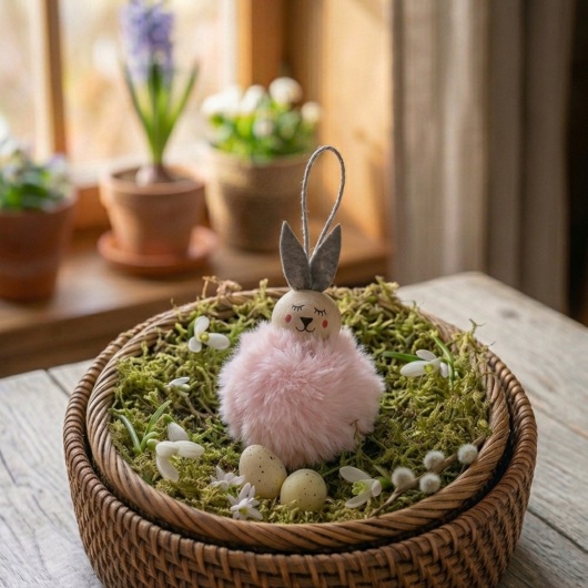 Osterdeko Pompon-Häschen Handgemachte Osterhäschen aus weichem, flauschigem Material in fröhlichen Farben wie Rosa, Gelb, Hellblau, Weiß und Dunkelgrün. Jedes Häschen hat lange graue Filzohren, handbemalte Augen, Nase und rosige Wangen sowie eine graue Aufhängeschlaufe. Die niedlichen Anhänger verbreiten frühlingshafte Osterstimmung an Zweigen, Fenstern oder Geschenken.